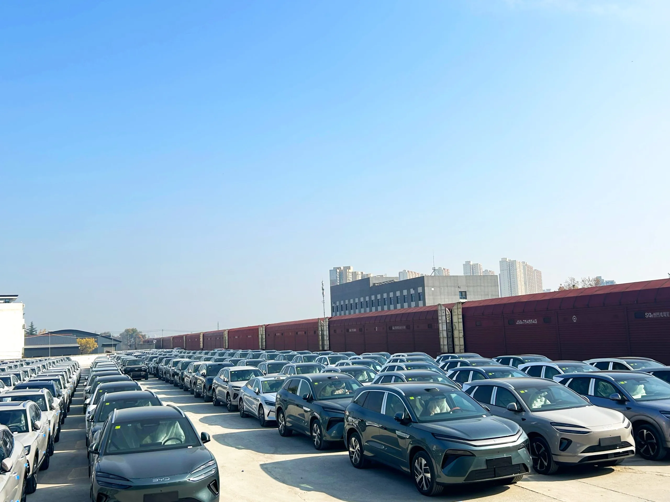 A vast warehouse filled with rows of new BYD electric and hybrid vehicles, organized and ready for shipping to international markets.